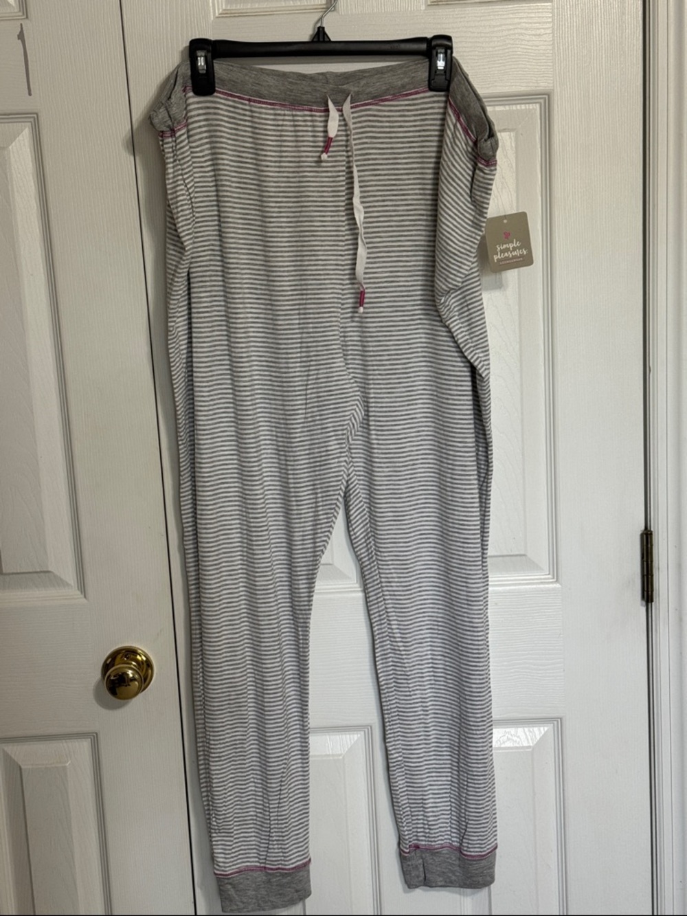 Simple Pleasures Gray & White Striped Knit Pajama Pants with Pink Accents